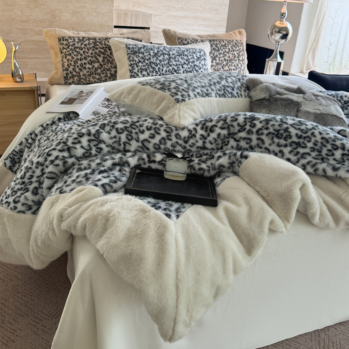 91家纺网 家纺一手货源 找家纺 水云缦 2025新款水貂绒豹纹四件套 豹纹-雪豹
