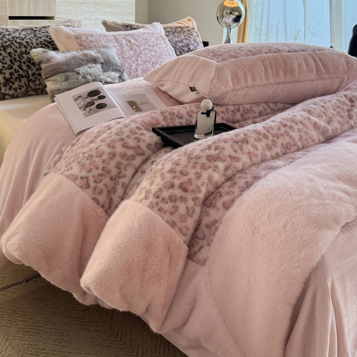 91家纺网 家纺一手货源 找家纺 水云缦 2025新款水貂绒豹纹四件套 豹纹-粉红豹