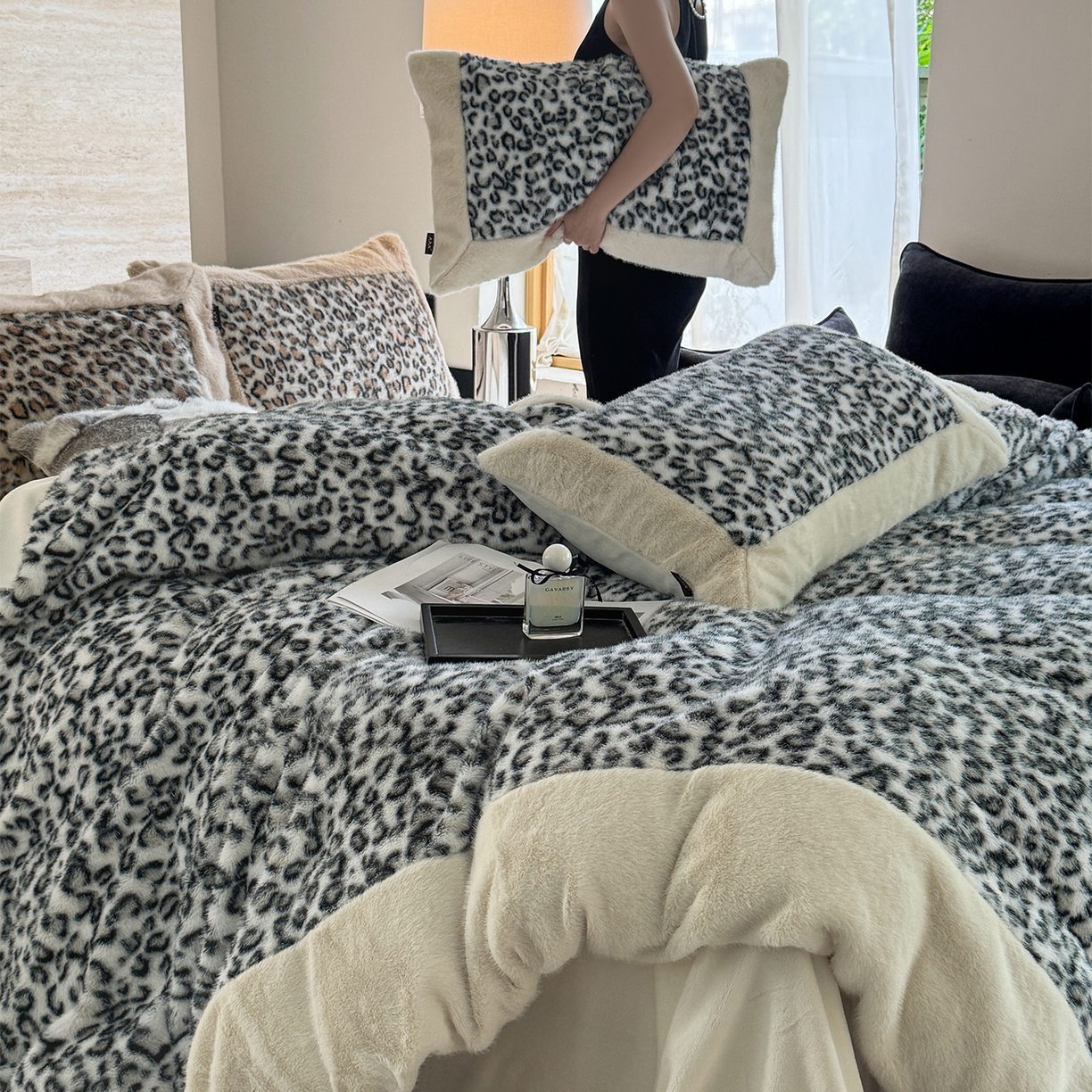 91家纺网 家纺一手货源 找家纺 水云缦 2025新款水貂绒豹纹四件套 豹纹-雪豹