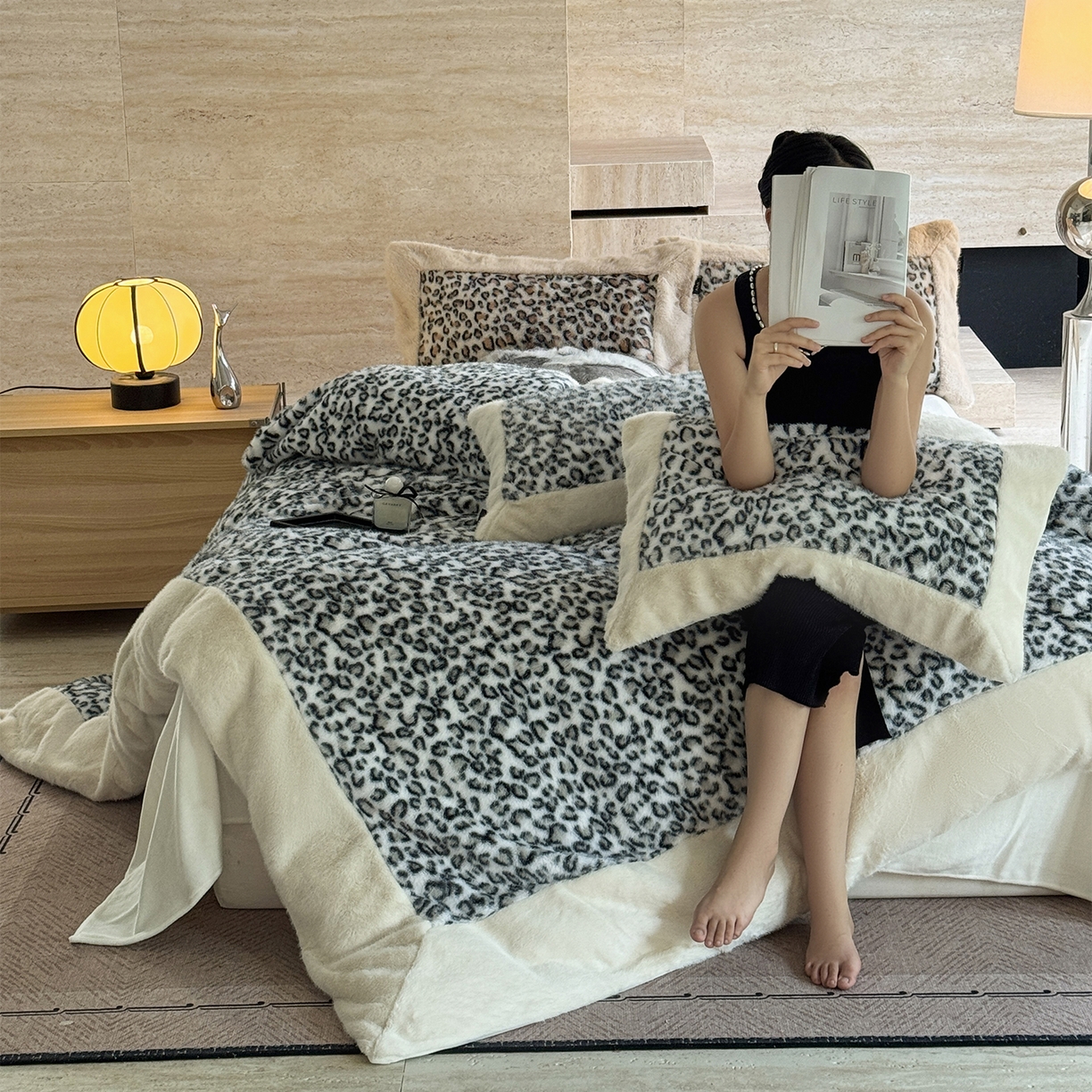 水云缦 2025新款水貂绒豹纹四件套 豹纹-雪豹