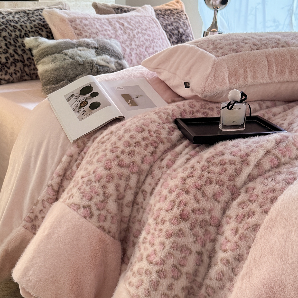 91家纺网 家纺一手货源 找家纺 水云缦 2025新款水貂绒豹纹四件套 豹纹-粉红豹