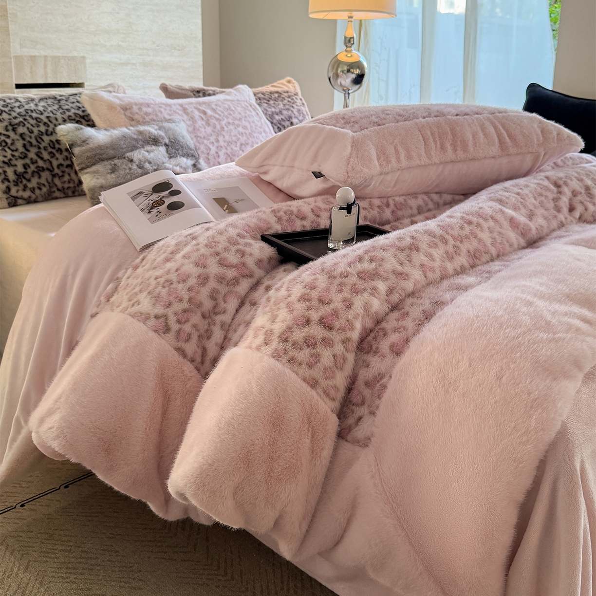 91家纺网 家纺一手货源 找家纺 水云缦 2025新款水貂绒豹纹四件套 豹纹-粉红豹