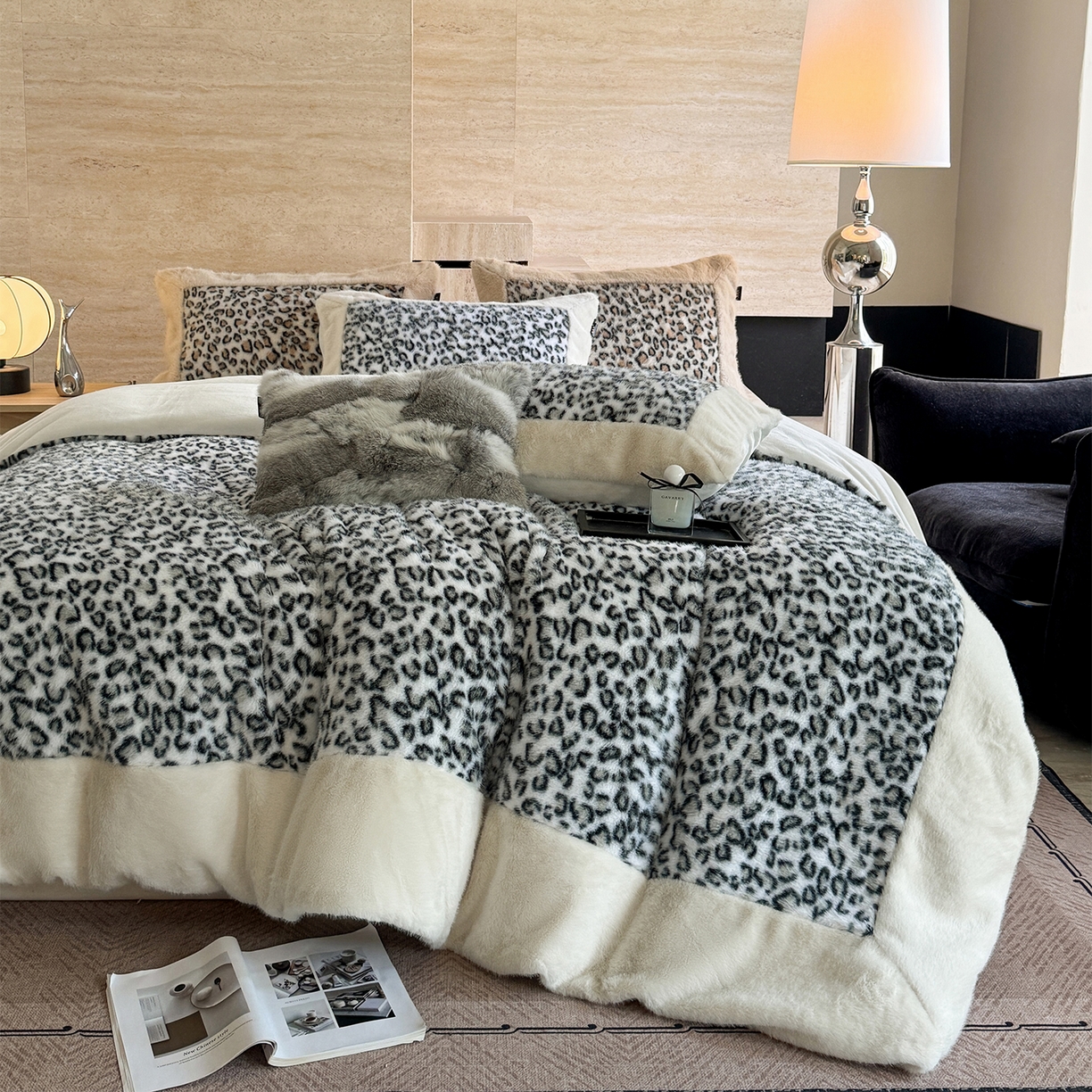 91家纺网 家纺一手货源 找家纺 水云缦 2025新款水貂绒豹纹四件套 豹纹-雪豹