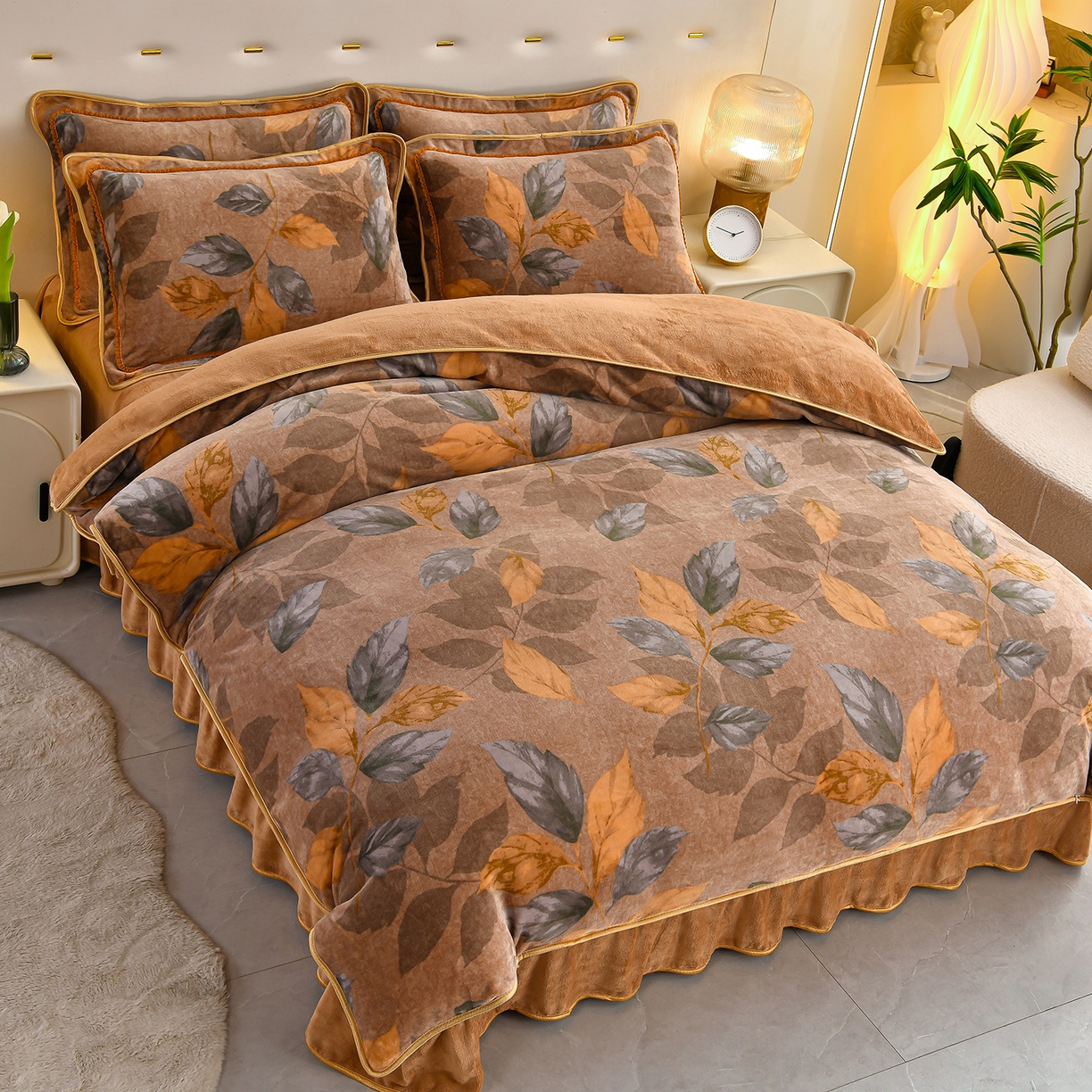 91家纺网 家纺一手货源 找家纺 沐星纪（美得佳）布业 2025新款加厚牛奶绒印花四件套 叶舞绒华-咖