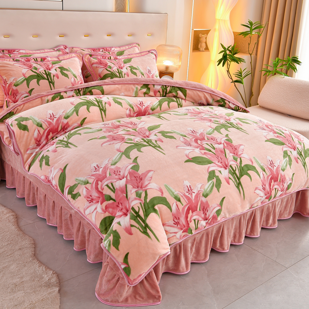 91家纺网 家纺一手货源 找家纺 沐星纪（美得佳）布业 2025新款加厚牛奶绒印花四件套 粉黛胭脂