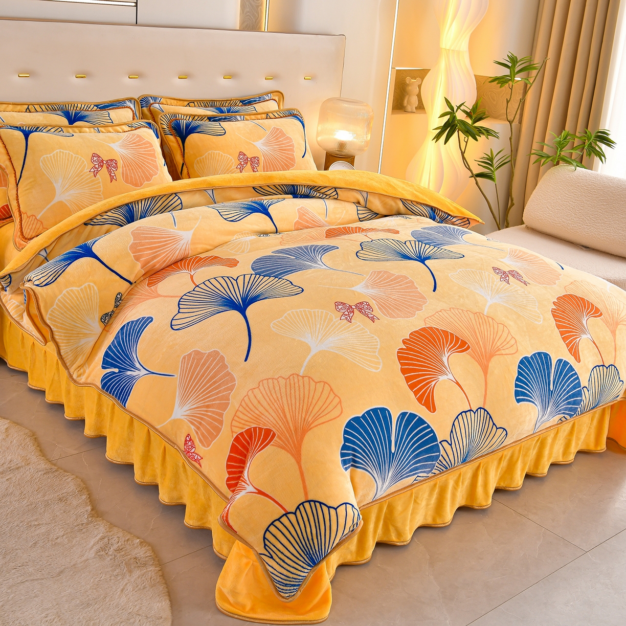 91家纺网 家纺一手货源 找家纺 沐星纪（美得佳）布业 2025新款加厚牛奶绒印花四件套 鎏金满地