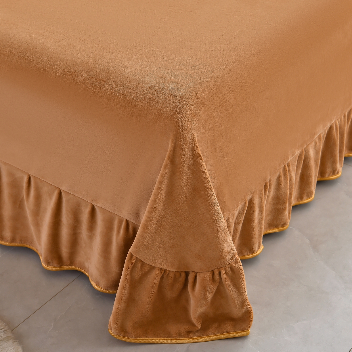 91家纺网 家纺一手货源 找家纺 沐星纪（美得佳）布业 2025新款加厚牛奶绒印花四件套 叶舞绒华-咖