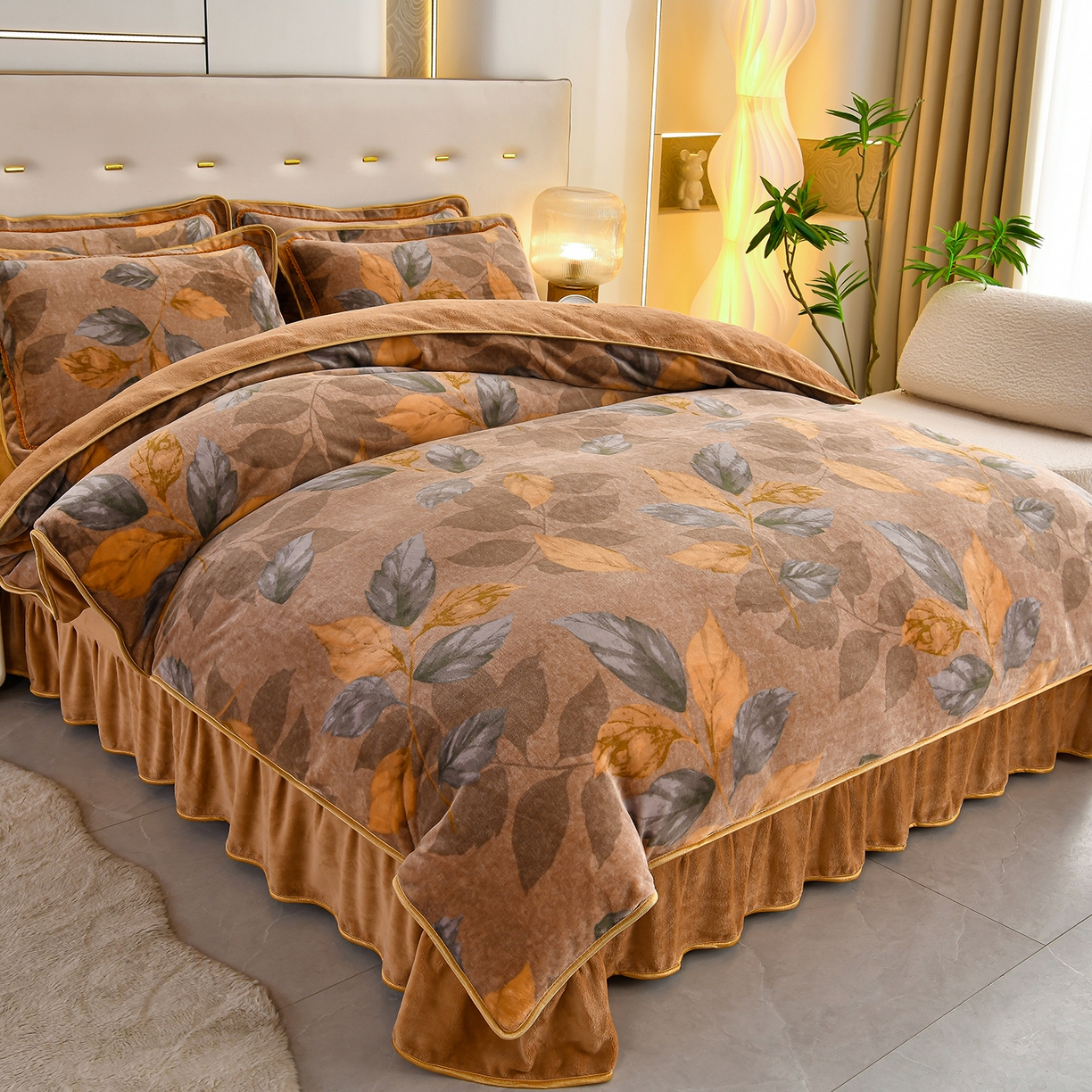 91家纺网 家纺一手货源 找家纺 沐星纪（美得佳）布业 2025新款加厚牛奶绒印花四件套 叶舞绒华-咖