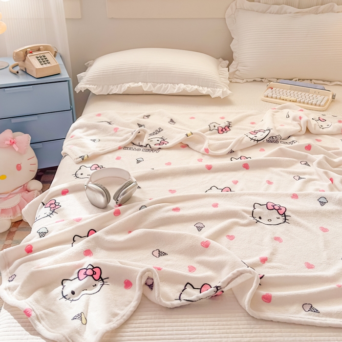 91家纺网 家纺一手货源 找家纺 花满路 2025新款亲肤舒适卡通系列毛毯 冰淇淋kitty