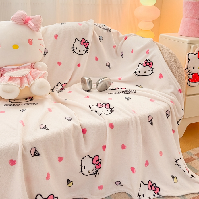 91家纺网 家纺一手货源 找家纺 花满路 2025新款亲肤舒适卡通系列毛毯 冰淇淋kitty