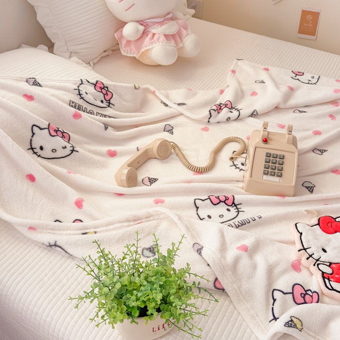 91家纺网 家纺一手货源 找家纺 花满路 2025新款亲肤舒适卡通系列毛毯 冰淇淋kitty