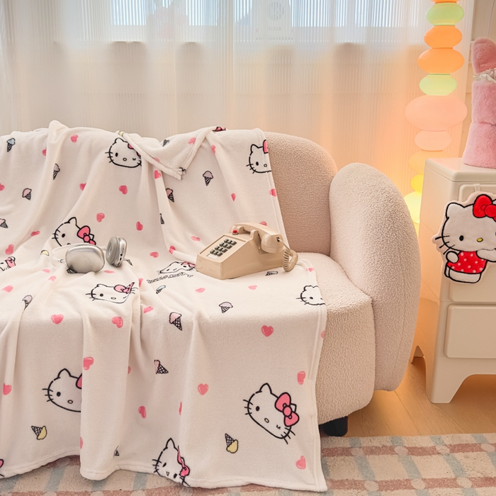 91家纺网 家纺一手货源 找家纺 花满路 2025新款亲肤舒适卡通系列毛毯 冰淇淋kitty