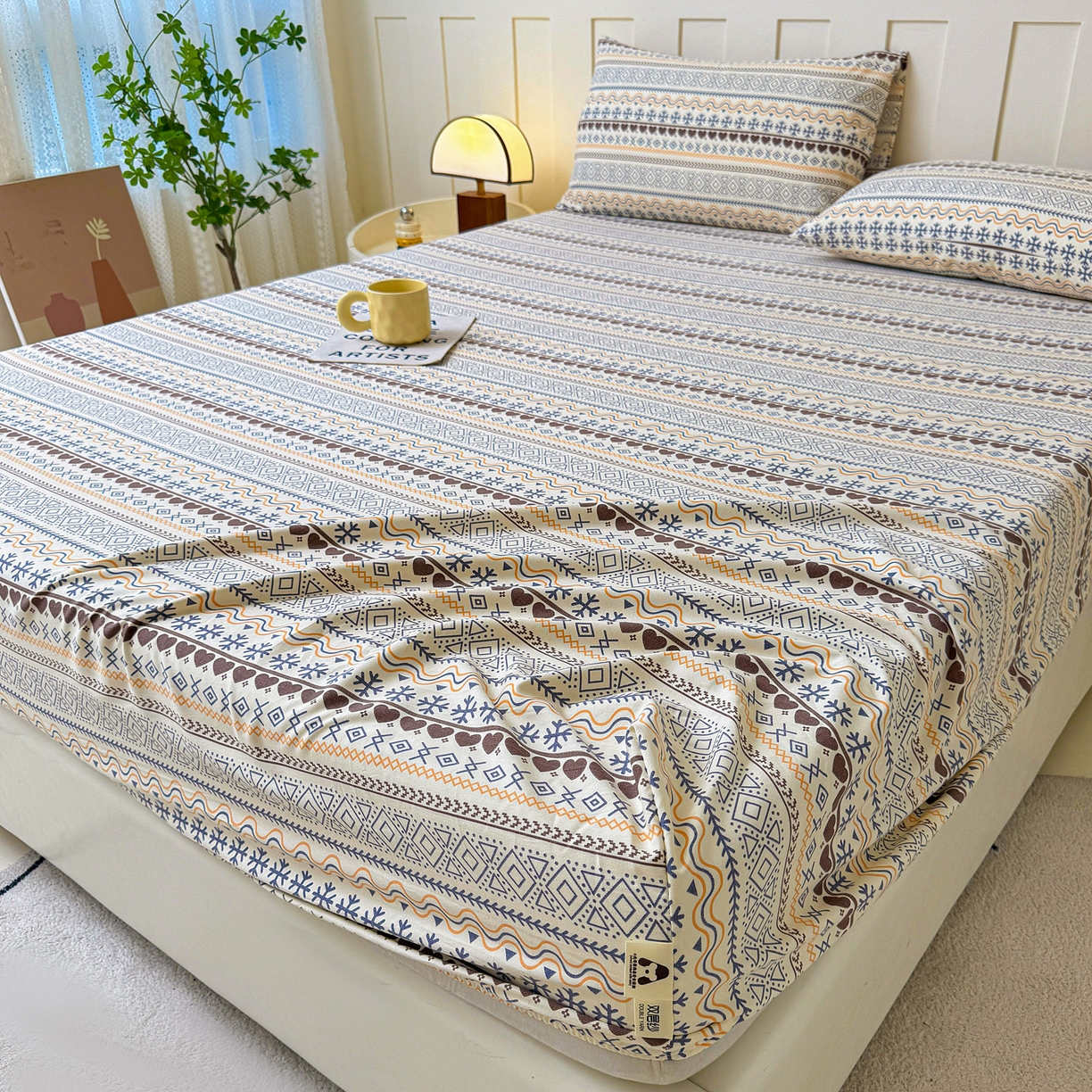 91家纺网 家纺一手货源 找家纺 首爱家纺 2025新款木棉双层纱印花床笠 波西米亚