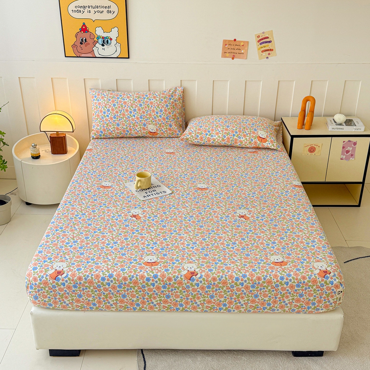 91家纺网 家纺一手货源 找家纺 首爱家纺 2025新款木棉双层纱印花床笠 花朵熊