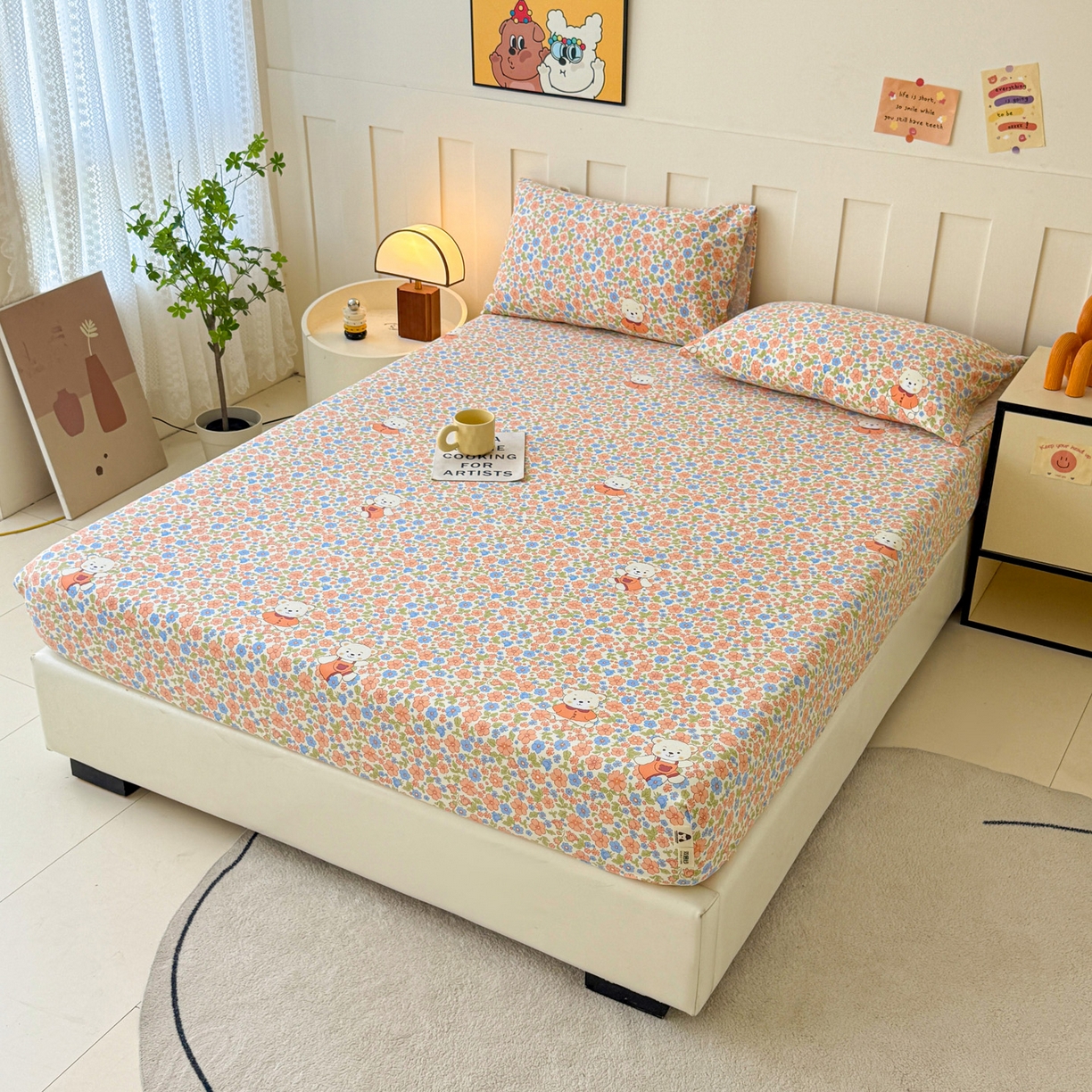 91家纺网 家纺一手货源 找家纺 首爱家纺 2025新款木棉双层纱印花床笠 花朵熊