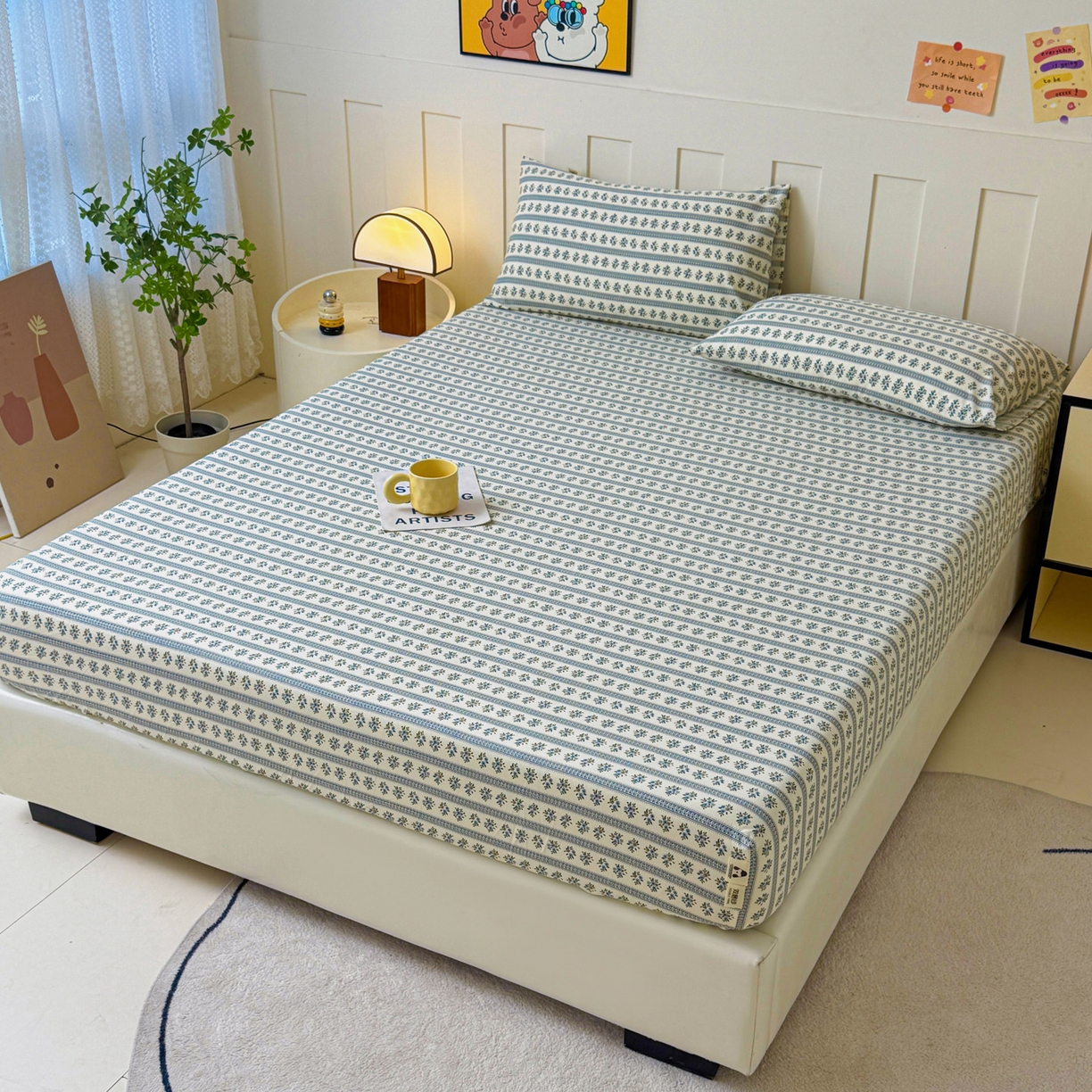 91家纺网 家纺一手货源 找家纺 首爱家纺 2025新款木棉双层纱印花床笠 蓝心