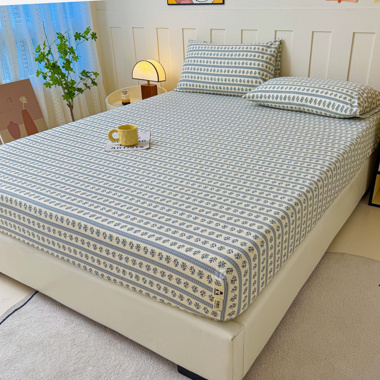 91家纺网 家纺一手货源 找家纺 首爱家纺 2025新款木棉双层纱印花床笠 蓝心