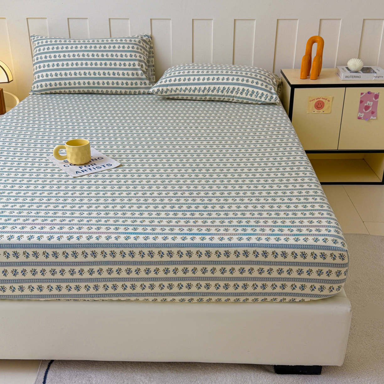 91家纺网 家纺一手货源 找家纺 首爱家纺 2025新款木棉双层纱印花床笠 蓝心