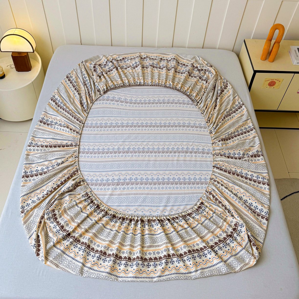 91家纺网 家纺一手货源 找家纺 棉乐町家居 2025新款木棉双层纱印花床笠 波西米亚