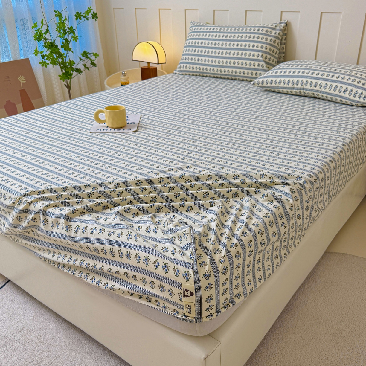 91家纺网 家纺一手货源 找家纺 棉乐町家居 2025新款木棉双层纱印花床笠 蓝心