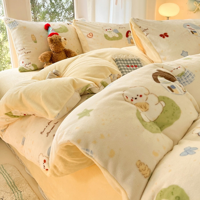 如一 2025新款高克重大版数码印花牛奶绒四件套 萌宠黄