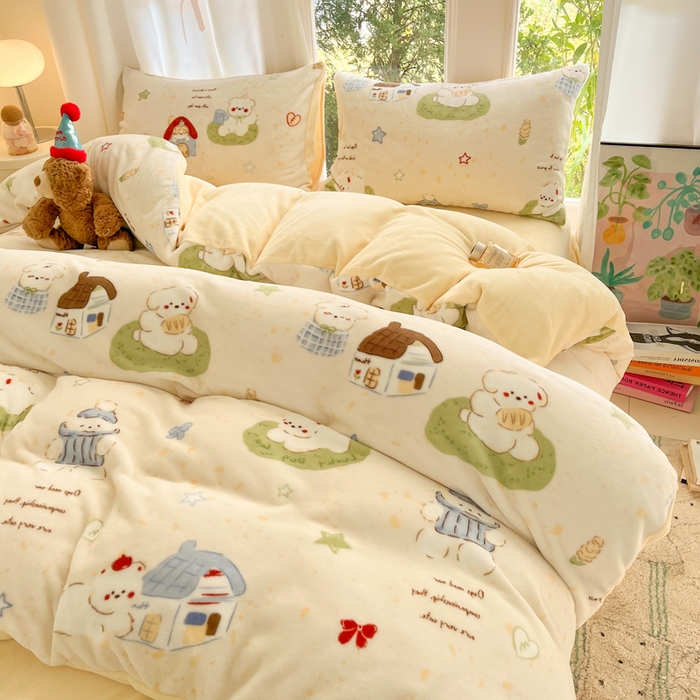 91家纺网 家纺一手货源 找家纺 如一 2025新款高克重大版数码印花牛奶绒四件套 萌宠黄