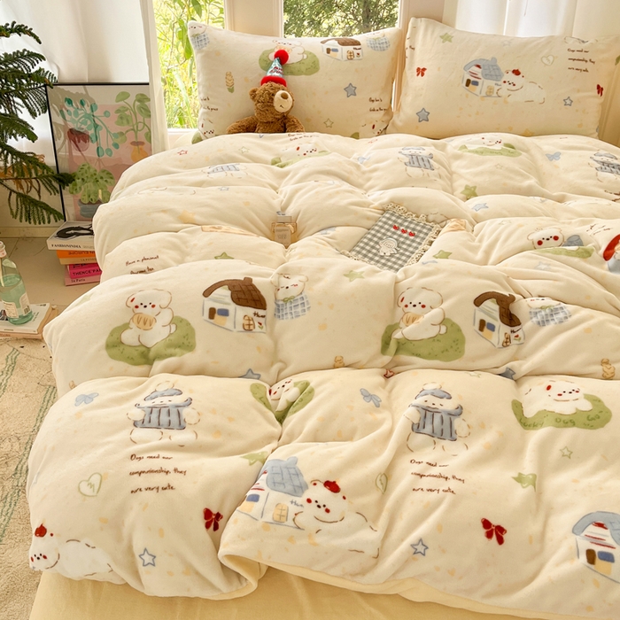 91家纺网 家纺一手货源 找家纺 如一 2025新款高克重大版数码印花牛奶绒四件套 萌宠黄