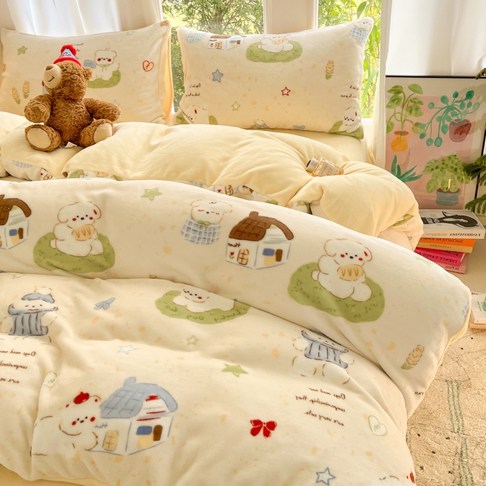 91家纺网 家纺一手货源 找家纺 如一 2025新款高克重大版数码印花牛奶绒四件套 萌宠黄