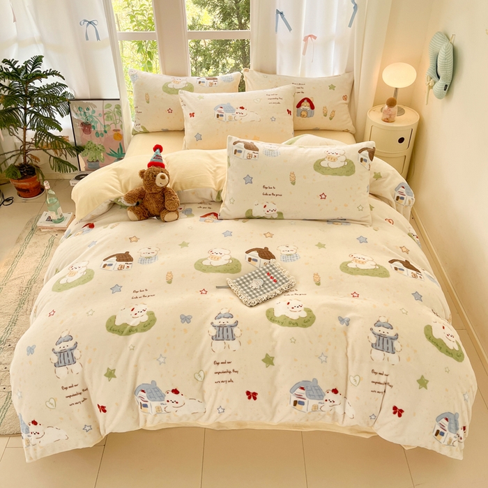 91家纺网 家纺一手货源 找家纺 如一 2025新款高克重大版数码印花牛奶绒四件套 萌宠黄