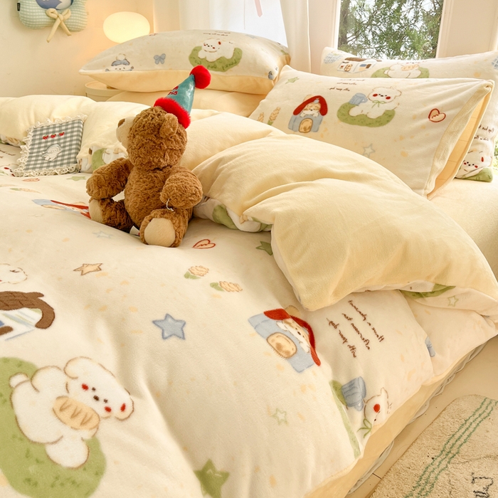 91家纺网 家纺一手货源 找家纺 如一 2025新款高克重大版数码印花牛奶绒四件套 萌宠黄