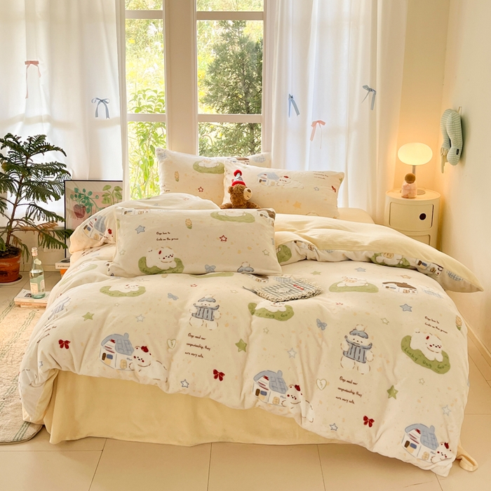 91家纺网 家纺一手货源 找家纺 如一 2025新款高克重大版数码印花牛奶绒四件套 萌宠黄