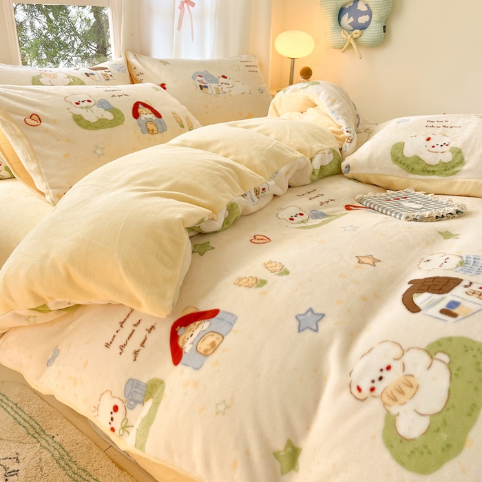 91家纺网 家纺一手货源 找家纺 如一 2025新款高克重大版数码印花牛奶绒四件套 萌宠黄