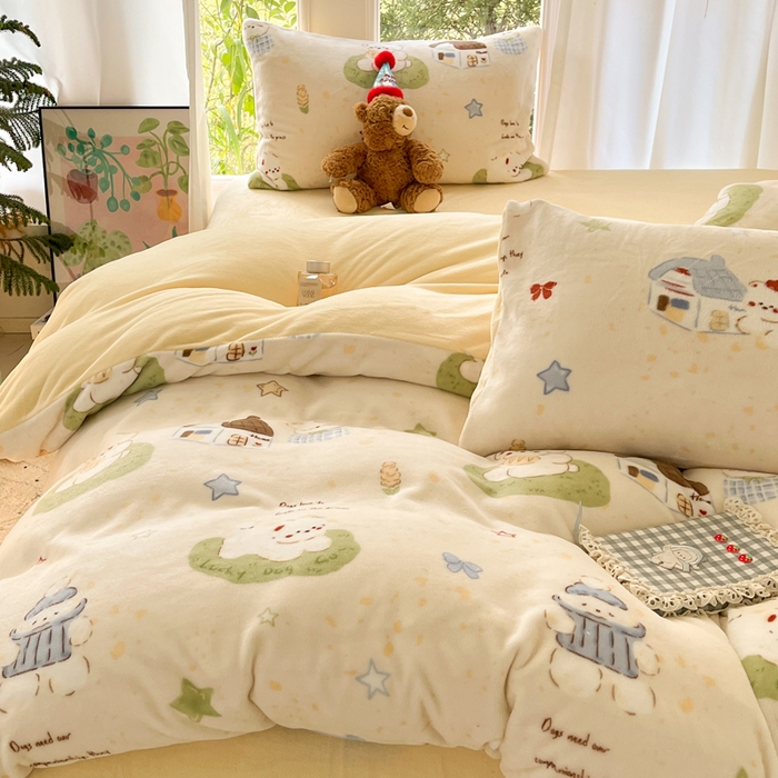 91家纺网 家纺一手货源 找家纺 如一 2025新款高克重大版数码印花牛奶绒四件套 萌宠黄