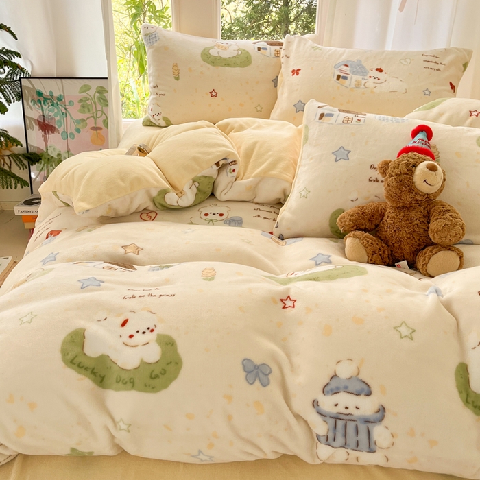 91家纺网 家纺一手货源 找家纺 如一 2025新款高克重大版数码印花牛奶绒四件套 萌宠黄