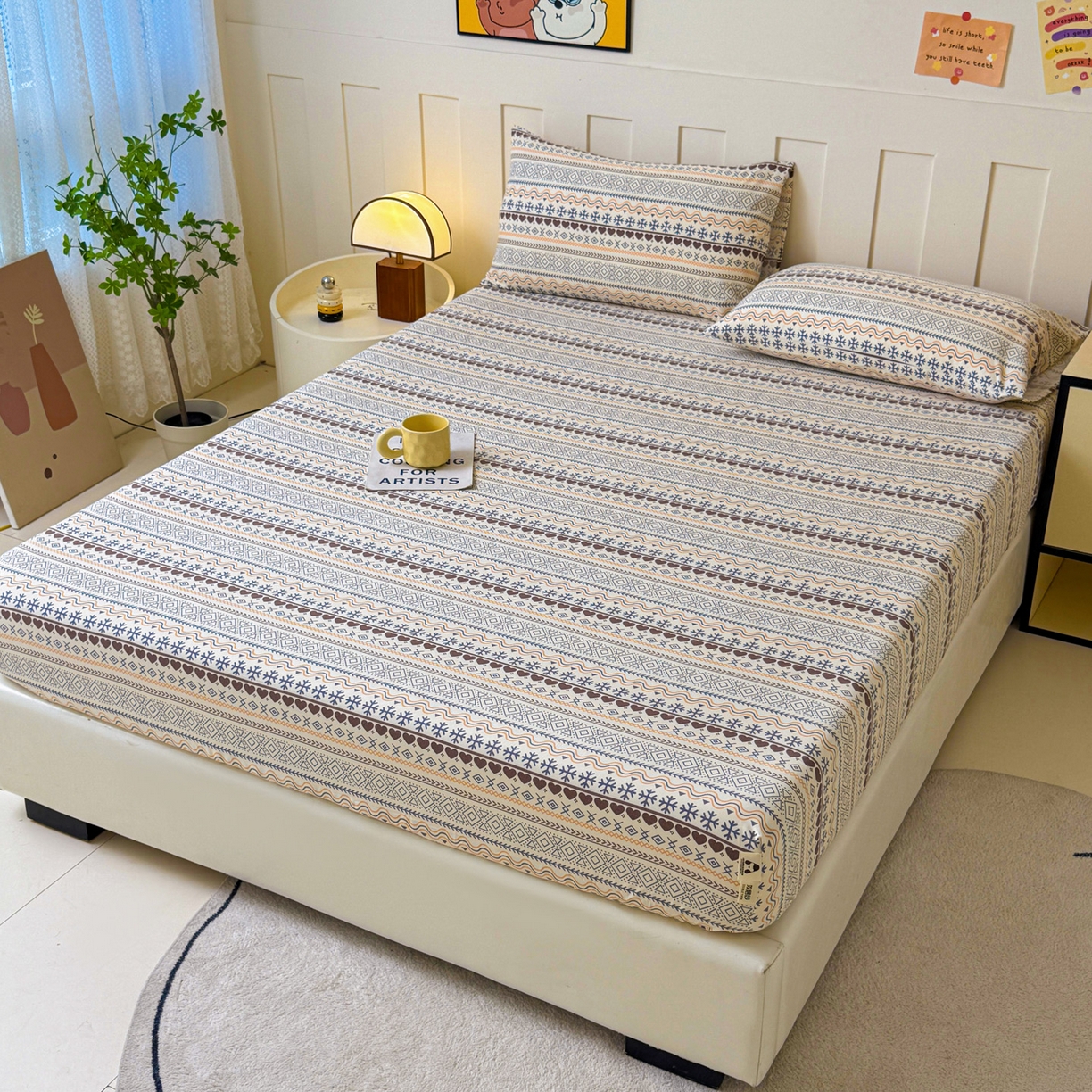 91家纺网 家纺一手货源 找家纺 金泰莱 2025新款木棉双层纱印花床笠 波西米亚