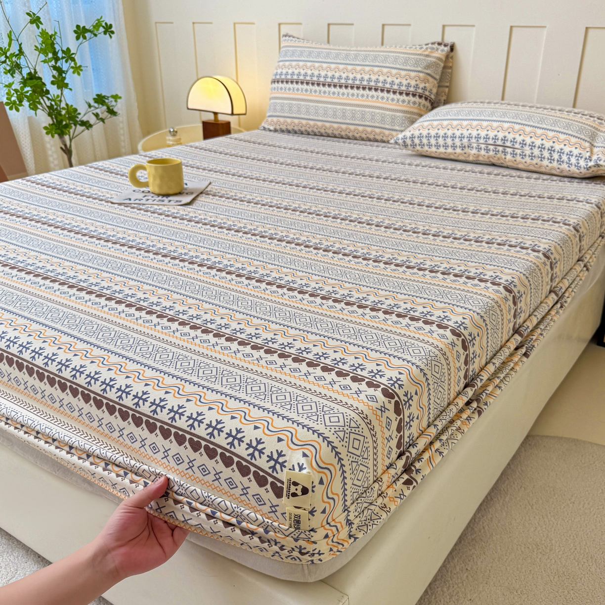 91家纺网 家纺一手货源 找家纺 金泰莱 2025新款木棉双层纱印花床笠 波西米亚