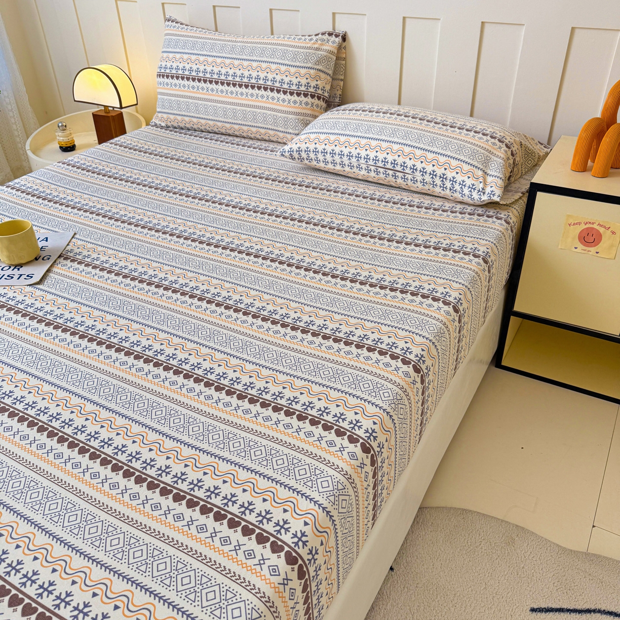 91家纺网 家纺一手货源 找家纺 金泰莱 2025新款木棉双层纱印花床笠 波西米亚