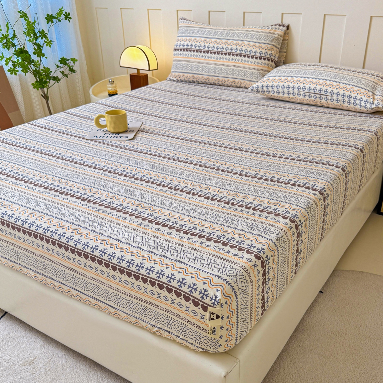 91家纺网 家纺一手货源 找家纺 金泰莱 2025新款木棉双层纱印花床笠 波西米亚