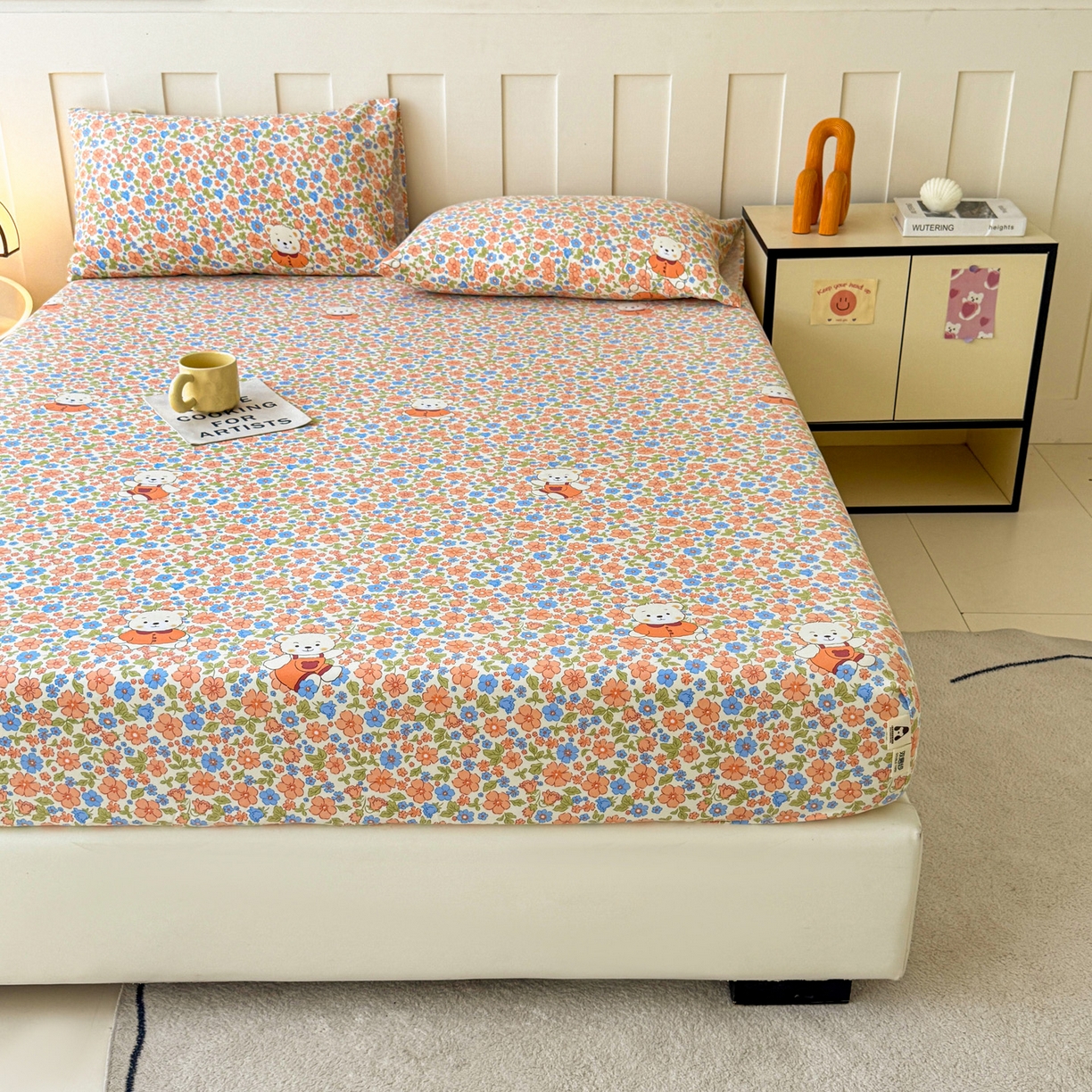 91家纺网 家纺一手货源 找家纺 金泰莱 2025新款木棉双层纱印花床笠 花朵熊