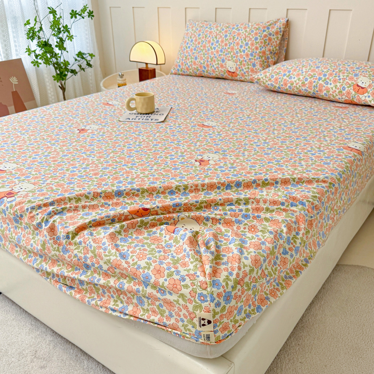 91家纺网 家纺一手货源 找家纺 金泰莱 2025新款木棉双层纱印花床笠 花朵熊