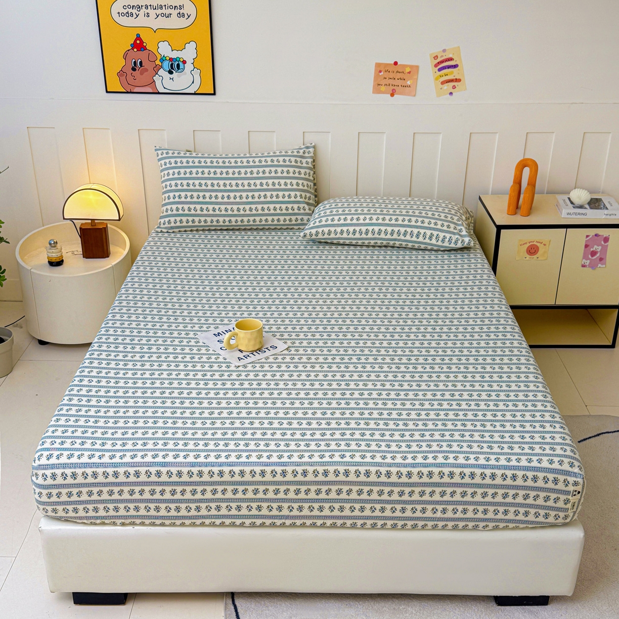 91家纺网 家纺一手货源 找家纺 金泰莱 2025新款木棉双层纱印花床笠 蓝心