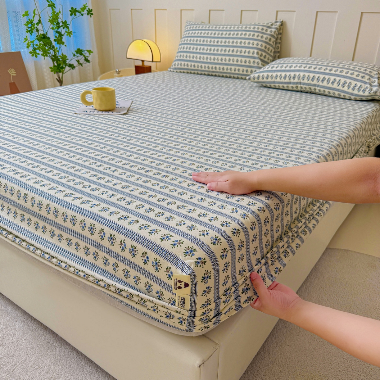 金泰莱 2025新款木棉双层纱印花床笠 蓝心