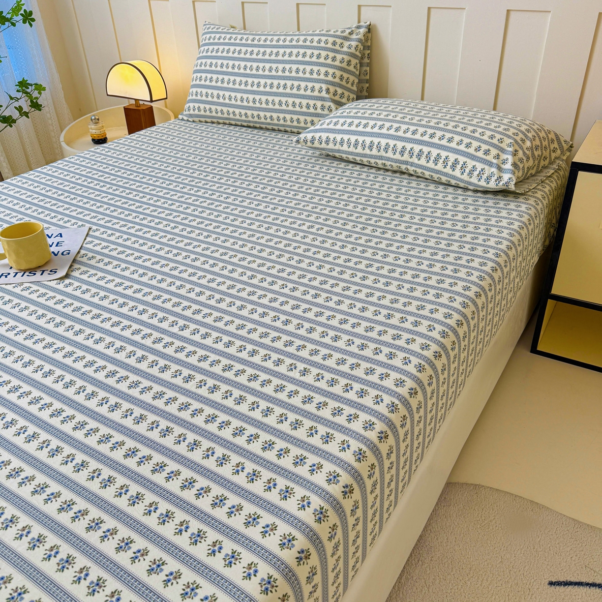 91家纺网 家纺一手货源 找家纺 金泰莱 2025新款木棉双层纱印花床笠 蓝心