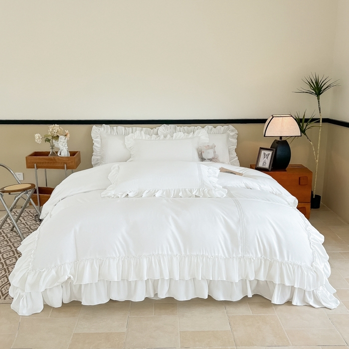 91家纺网 家纺一手货源 找家纺 （总）乐卧家居2026新款法式浪漫经典直条褶边双层荷叶边四件套飘逸系列