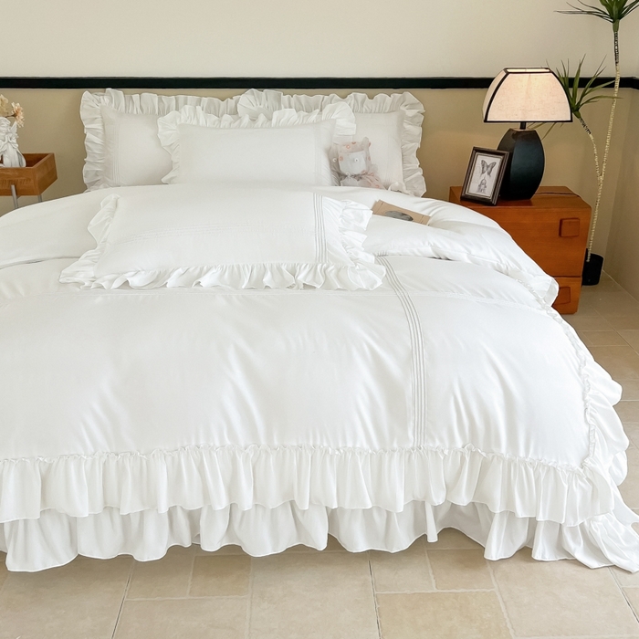 91家纺网 家纺一手货源 找家纺 （总）乐卧家居2026新款法式浪漫经典直条褶边双层荷叶边四件套飘逸系列