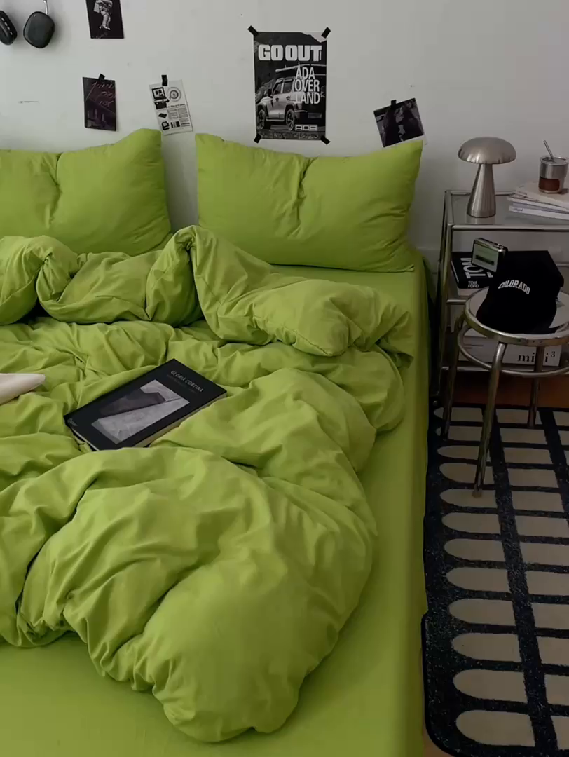 91家纺网 家纺一手货源 找家纺 优梦莱 2025新款糯糯抗菌棉四件套 荧光绿