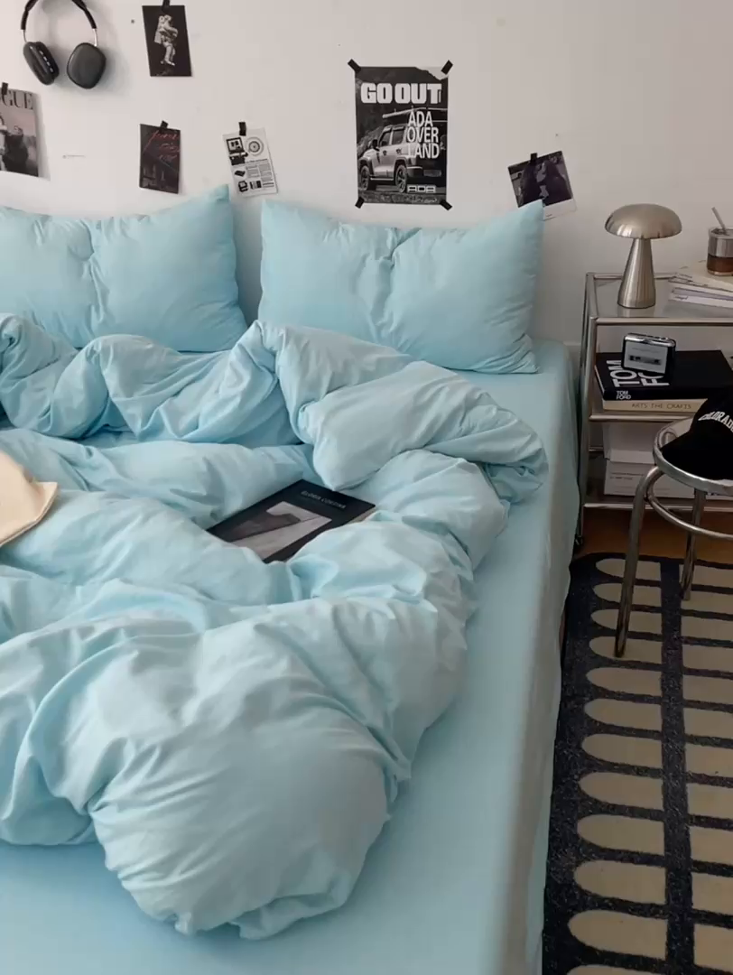 91家纺网 家纺一手货源 找家纺 优梦莱 2025新款糯糯抗菌棉四件套 水波蓝