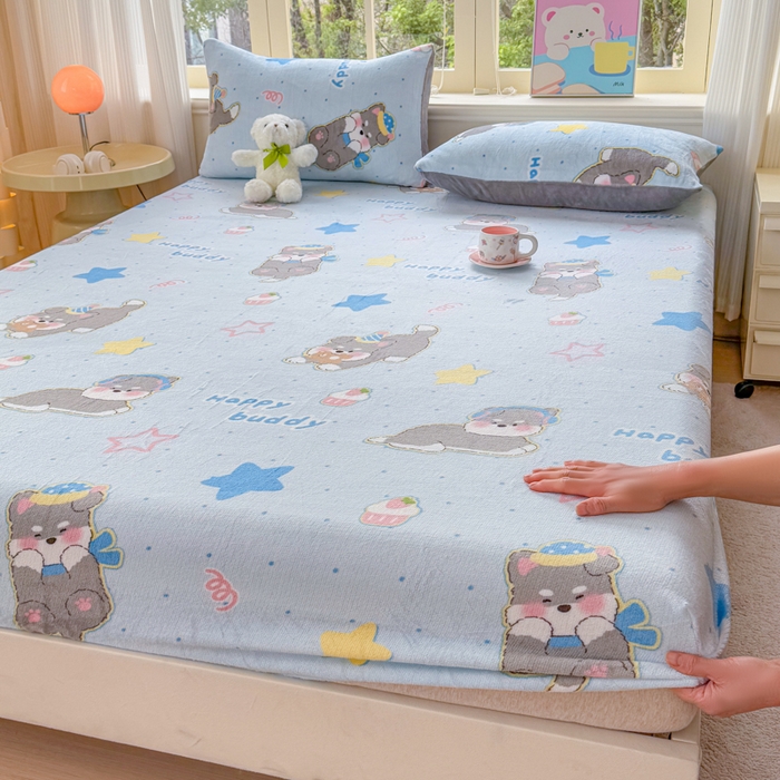 91家纺网 家纺一手货源 找家纺 梦舒阳家纺 2026新品牛奶绒单床笠单被套床笠三件套软fufu牛奶绒单品 布丁狗【绒床笠】