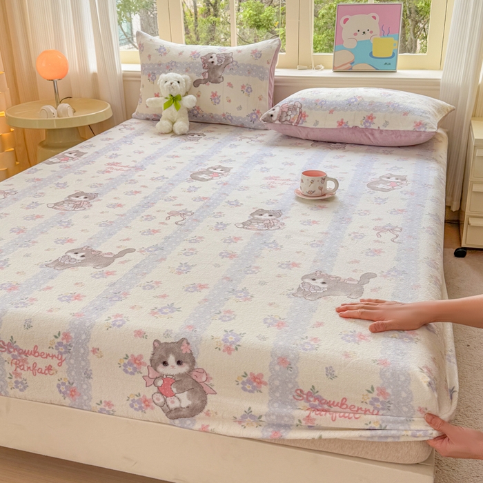 梦舒阳家纺 2026新品牛奶绒单床笠单被套床笠三件套软fufu牛奶绒单品 猫咪酱【绒床笠】