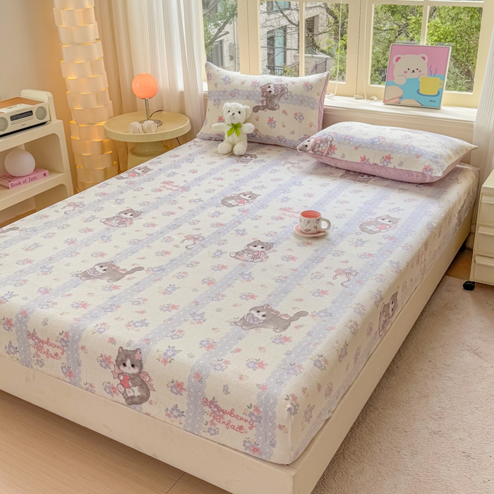 91家纺网 家纺一手货源 找家纺 梦舒阳家纺 2026新品牛奶绒单床笠单被套床笠三件套软fufu牛奶绒单品 猫咪酱【绒床笠】